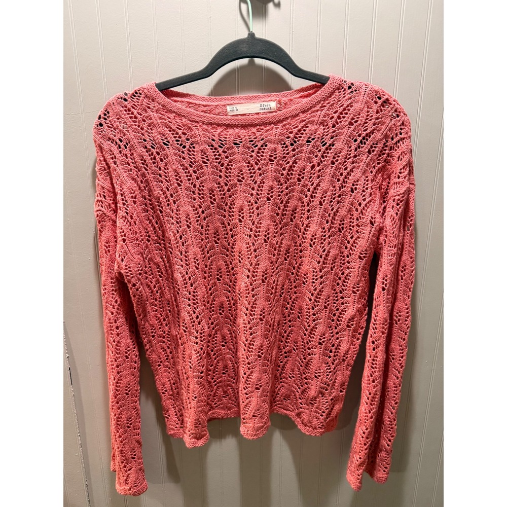 Sfera Casual Coral Pink Open Knit Pointelle Crochet Sweater Womens Small